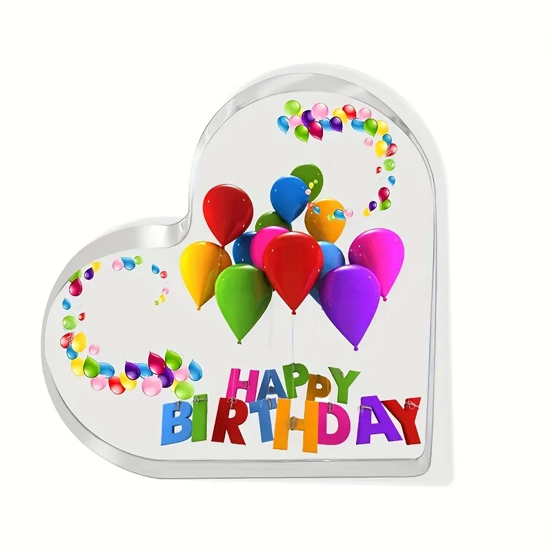 Happy Birthday Heart‑Shaped Acrylic Tabletop Plaque, Colorful Balloon Confetti Party Theme Desk Keepsake Gift