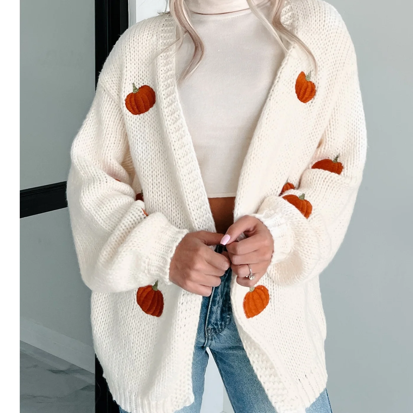 Pumpkin Embroidery Knit Cardigans Fall Winter Women's Open Front Long Sleeve Loose Sweater Coats Casual Knitwears Outwear