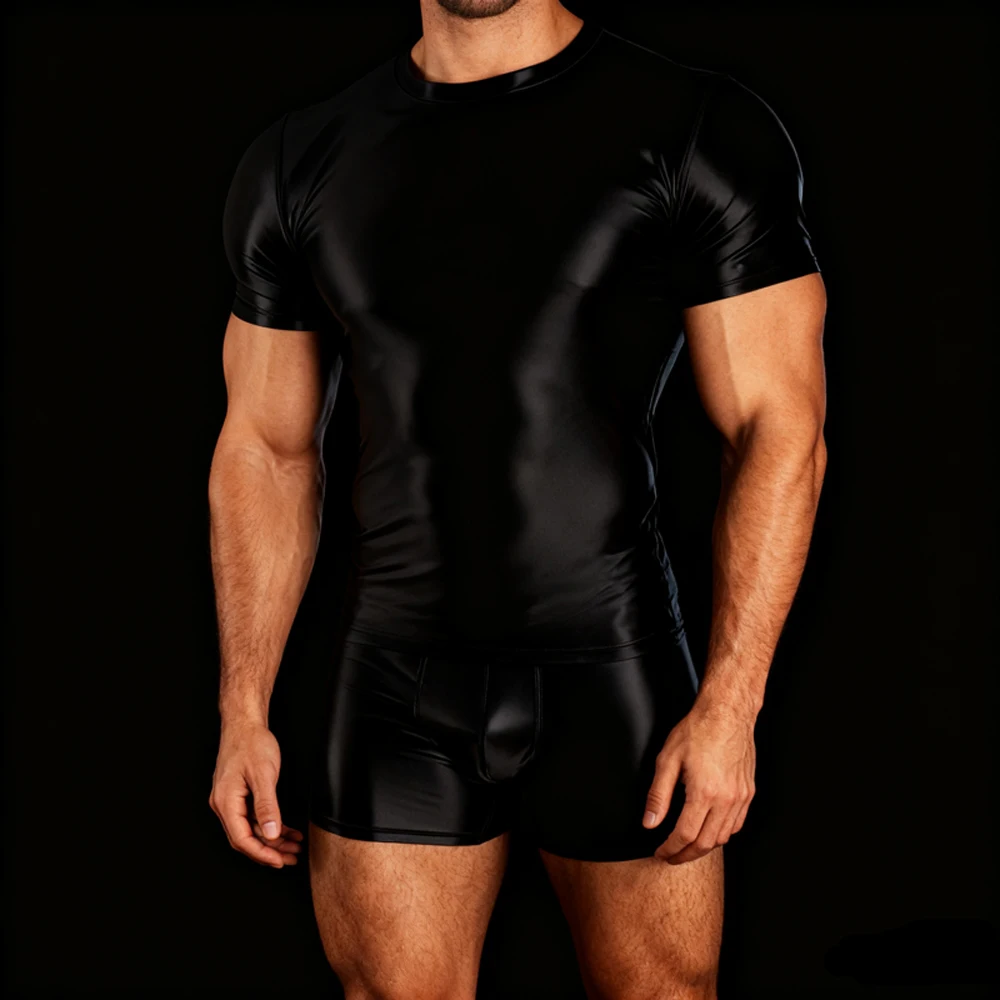 남성용 광택이 나는 부드러운 피트니스 러닝 통기성 트랙수트 스포츠 타이츠 고탄력성 빠른 건조 상의+반바지 액티브웨어 세트