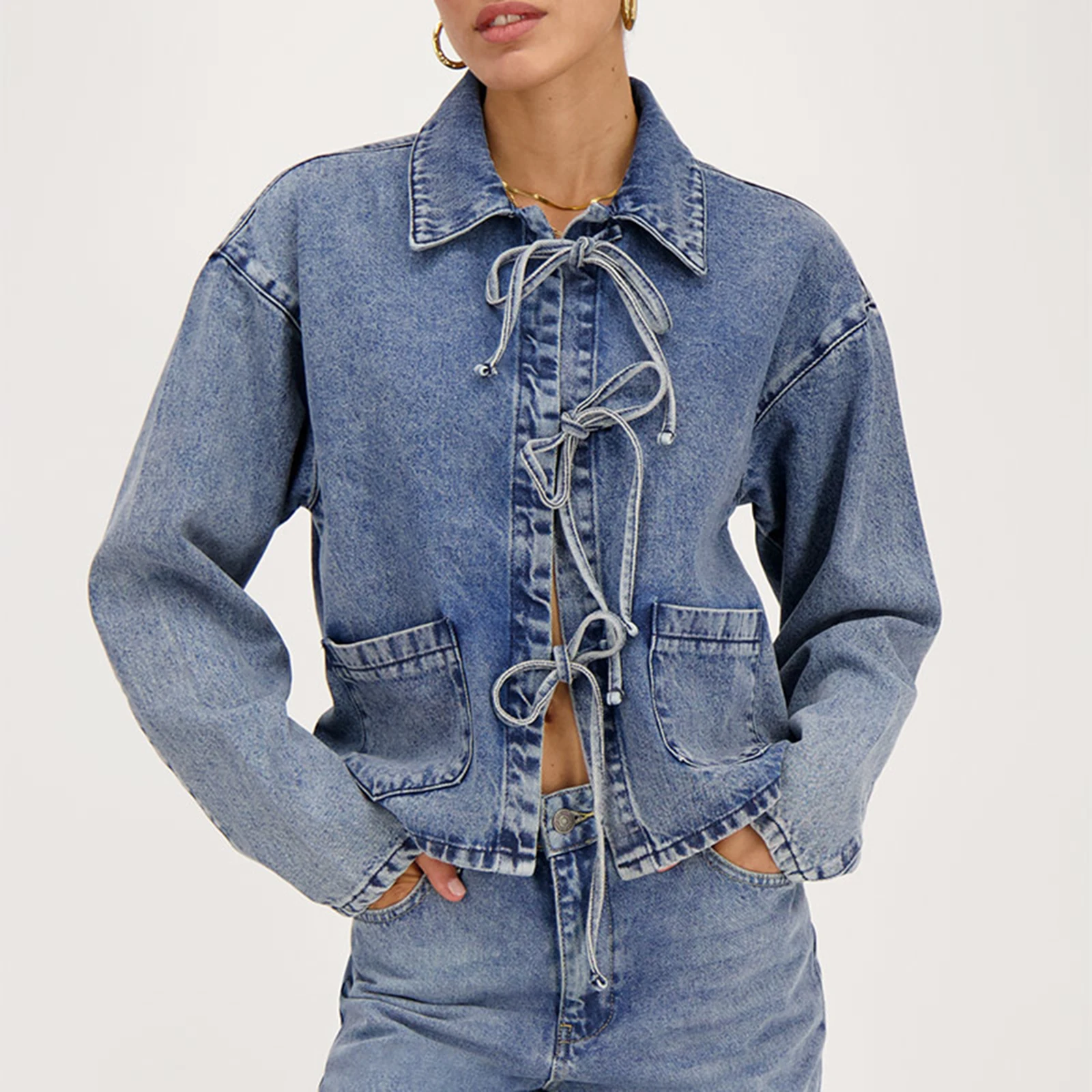 Combhasaki Womens Y2K Vintage Bow Tied Front Crop Denim Jacket Long Sleeve Turn Down Lapel Collar Coat with Pockets Shacket Tops