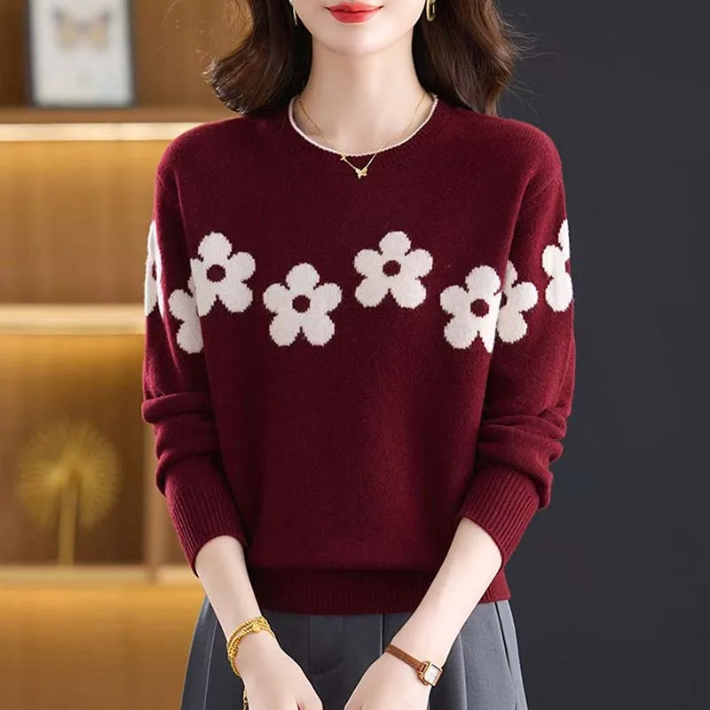 Women's Round Neck Long Sleeve Imitate Cashmere Sweater 2026 Comfortable Loose Fit Outerwear Knitwear Elegant Commute Woolen