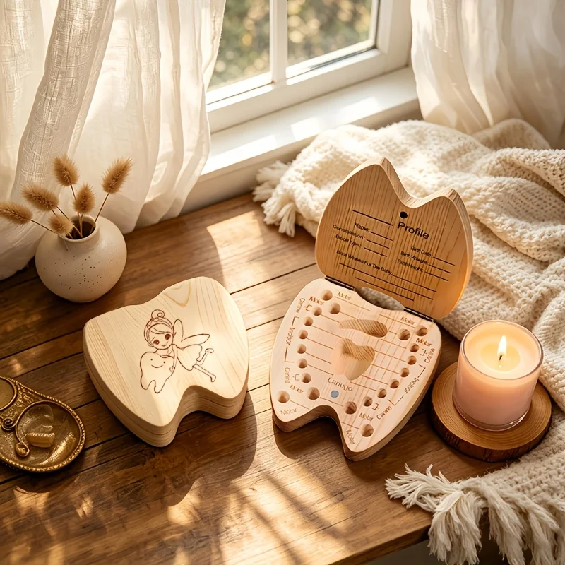 Wooden Tooth Fairy Keepsake Box Tooth Shaped Storage For First Haircut Umbilical Cord Fetal Hair Hospital Tags Birth Souvenir 2D