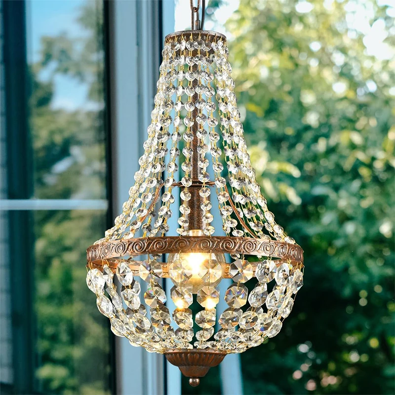 

French Vintage Crystal Pendant Light E27 LED Antique Bronze Chandelier for Loft Living Room, Porch, Home Lighting Decor