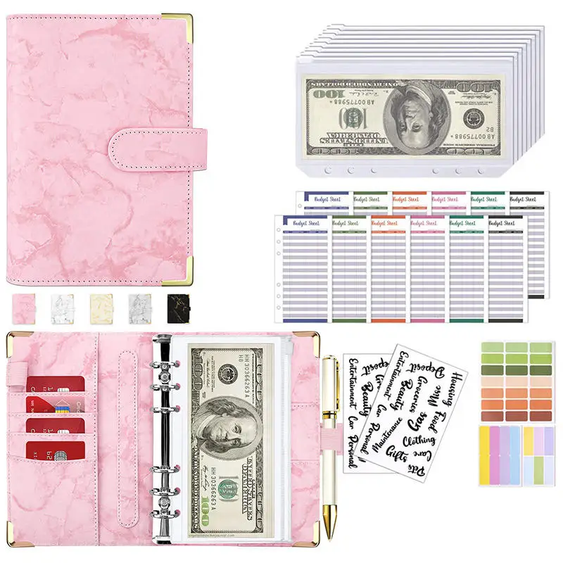 PU หนัง Budget Binder เงินสดซองกระเป๋าซิปขนาดเล็กภาษาฝรั่งเศสคํา Budget POUCH Binder สําหรับประหยัดเงิน A6 Planner Organizer