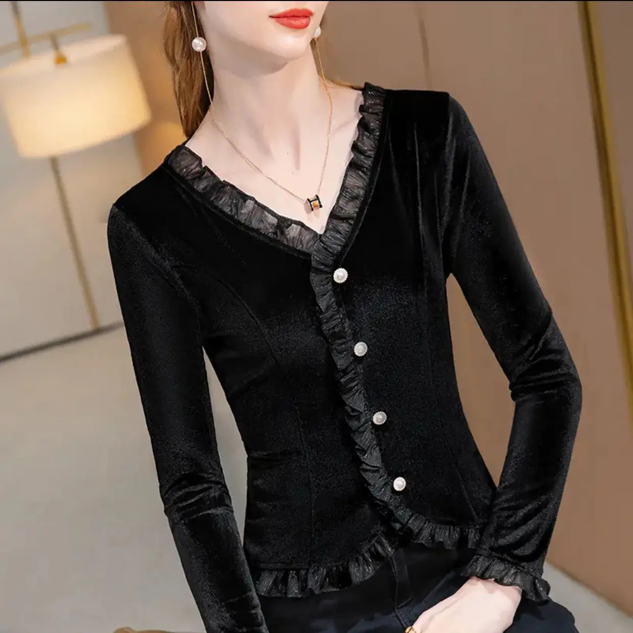 

Ele Velvet Lace irt Women's Long Sve Base Layer Top for Autumn Winter New Sle Small Size Fairy T Inner Wear