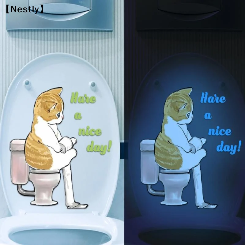 Bathroom Luminous Cat Squatting Toilet English Slogan Toilet Sticker Self-Adhesive Beautify Home Decor〔Nest〕