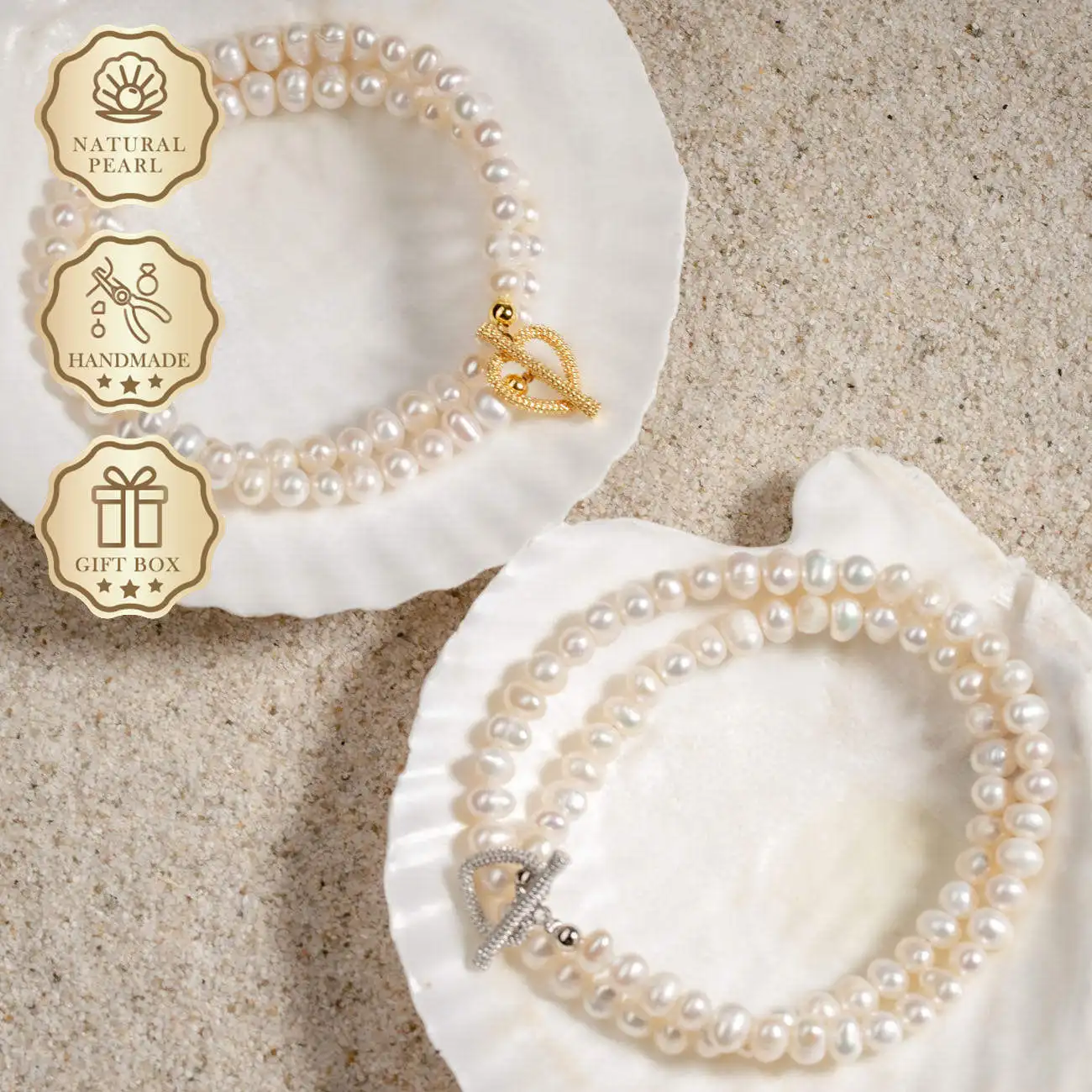 

MYSOYA White Freshwater Pearl Necklace 5–6mm with Gold & Silver Heart OT Clasp, Gift Box, Birthday & Anniversary Gift