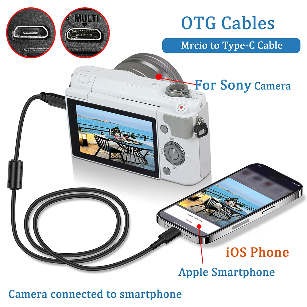 Para cámara Sony Micro cable OTG de 5 pines a puerto Lightning para iphone14,13,12,8,7,6, para cámara Sony, Casio, Canon, Nikon, Fuji SLR