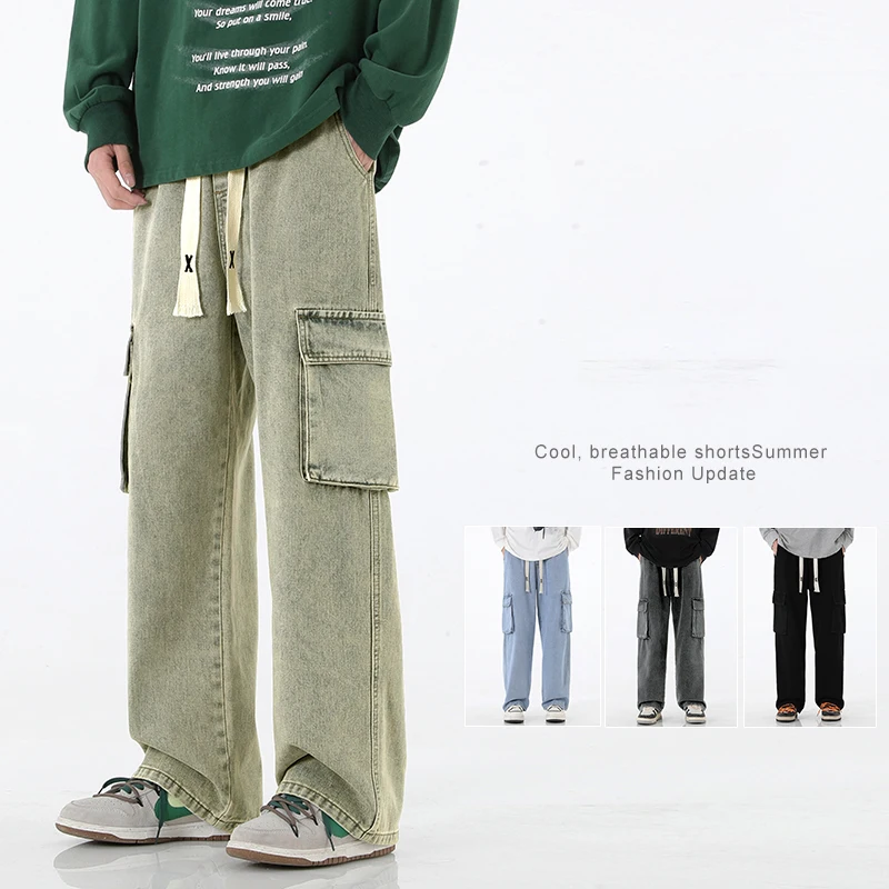 

Loose Cargo Jeans Men's Autumn New Vintage Pocket Casual Straight Fashion Korean Drawstring Denim Pants Male Streetwear