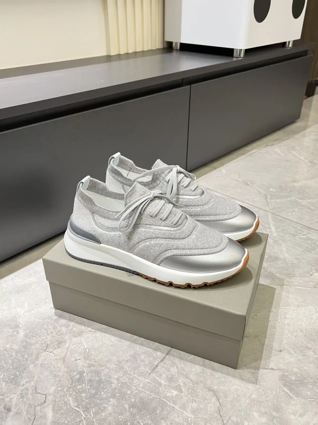 

Suede Knit Splice Lace-Up Sport Shoes Mans Retro Training Shoes Round Toe Comfort Running Shoes Thick Sole Casual Sneakers 25