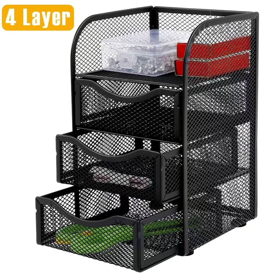

4 Layer Mesh Desk Organizer Large Capacity Stationery Organizer Box with Drawer Multifunctional Office Supplies for Home School