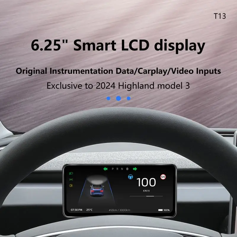 EANOPEC 6.25 inch Smart Dashboard Displayer for Tesla Model Y 3 Highland 3 Support Wireless Carplay Andriod Auto Full Screen