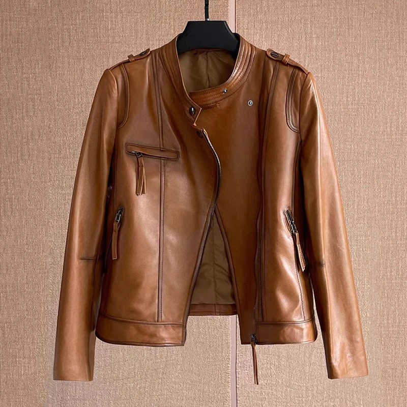 M-3XL Giacca in vera pelle per donna Autunno Inverno Stile corto Moto Vecchio cappotti da giacca slim fit in vera pelle di pecora retrò femminile