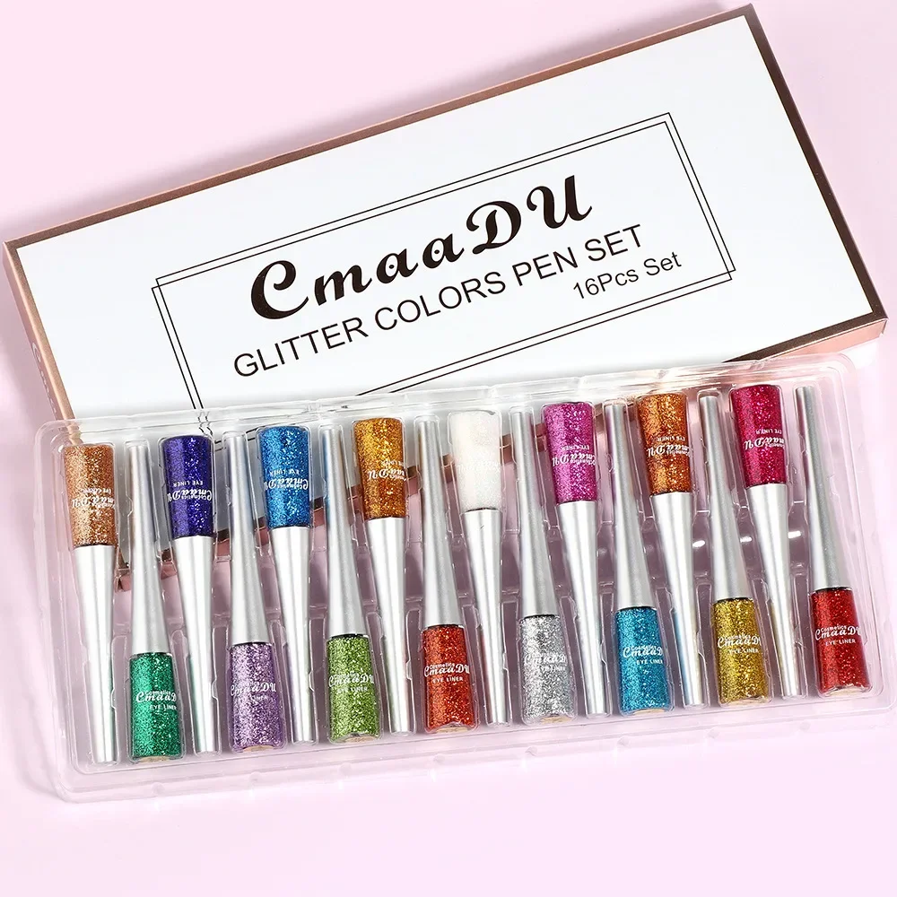 CmaaDu 16 colori/set ombretto liquido duraturo eyeliner trucco impermeabile pigmento liquido ad asciugatura rapida ombretto glitter oro argento