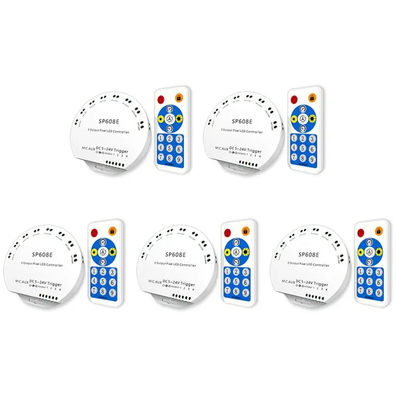 5X SP608E WS2812B Music Controller 8 CH Signal Output WS2811 WS2815 LED Light Strip Built In Mic IOS Android Bluetooth