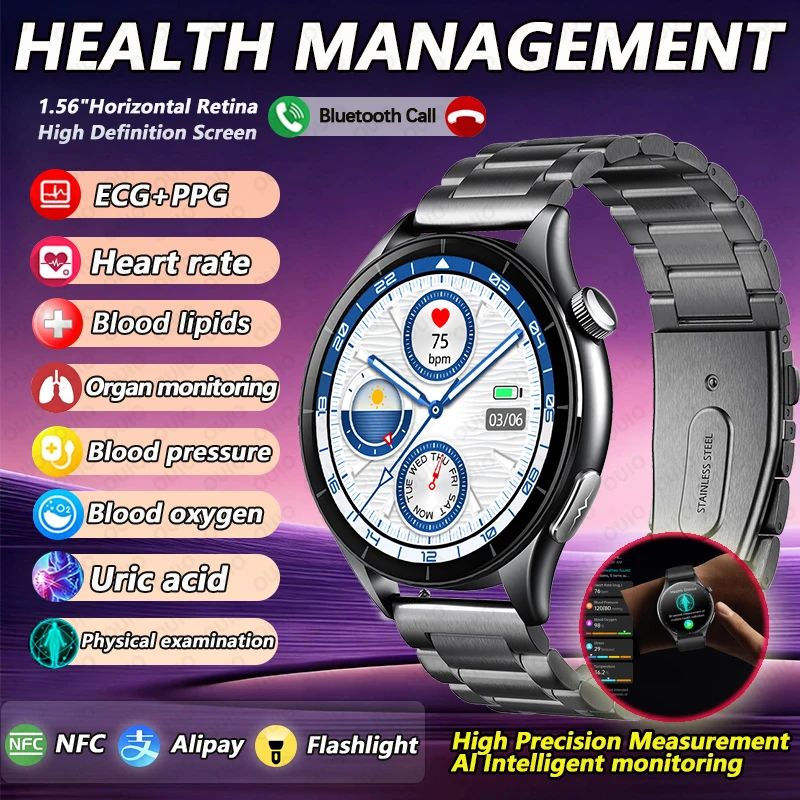 

Health Smartwatch Blood Lipid Blood Pressure Blood Oxygen ECG+PPG Alipay Payment Uric Acid Heart Rate Bluetooth call Smartwatch