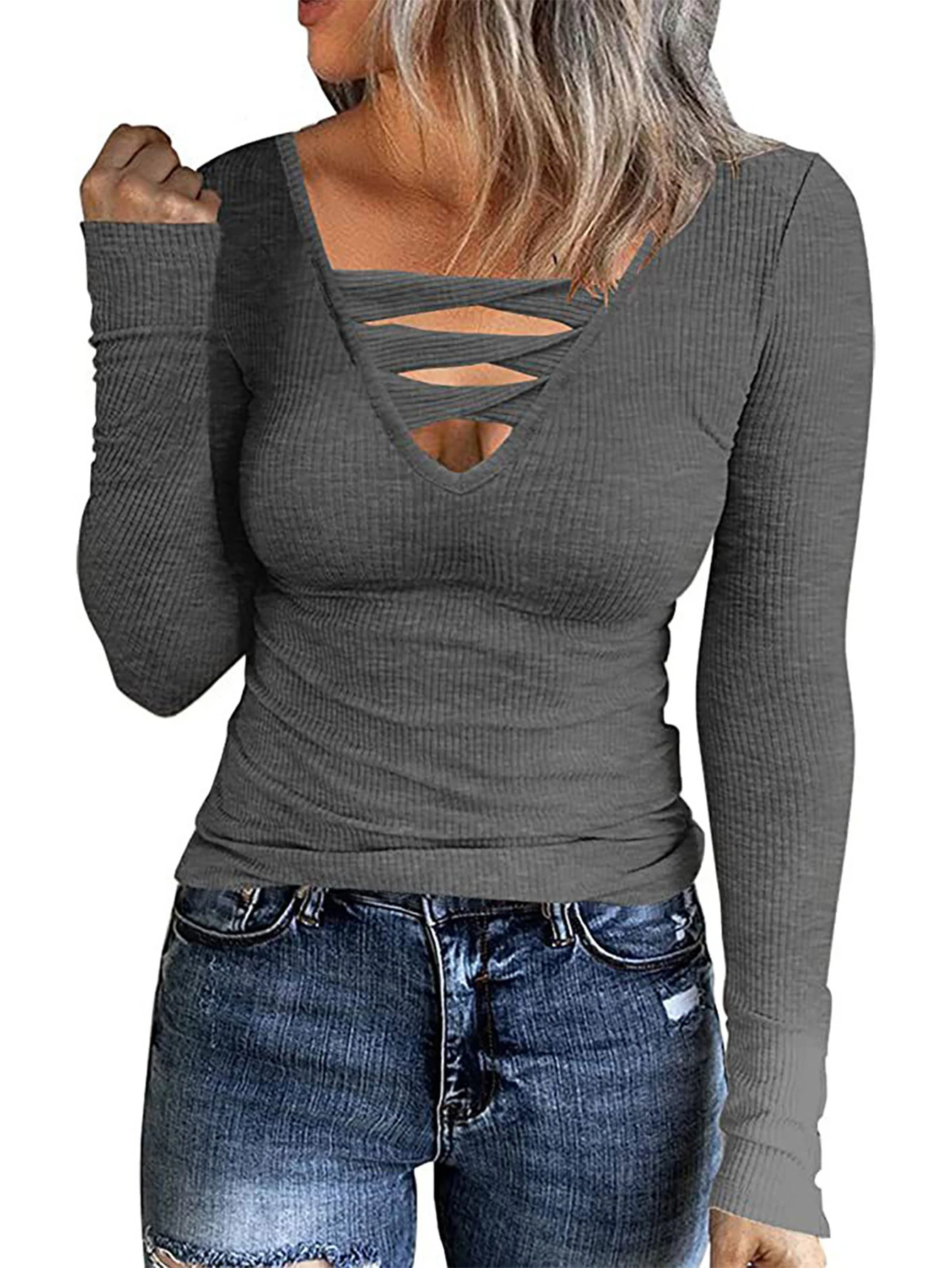 

Женская повседневная шикарная однотонная футболка с длинным рукавом и v-образным вырезом, осенний базовый топ с вырезами на каждый день