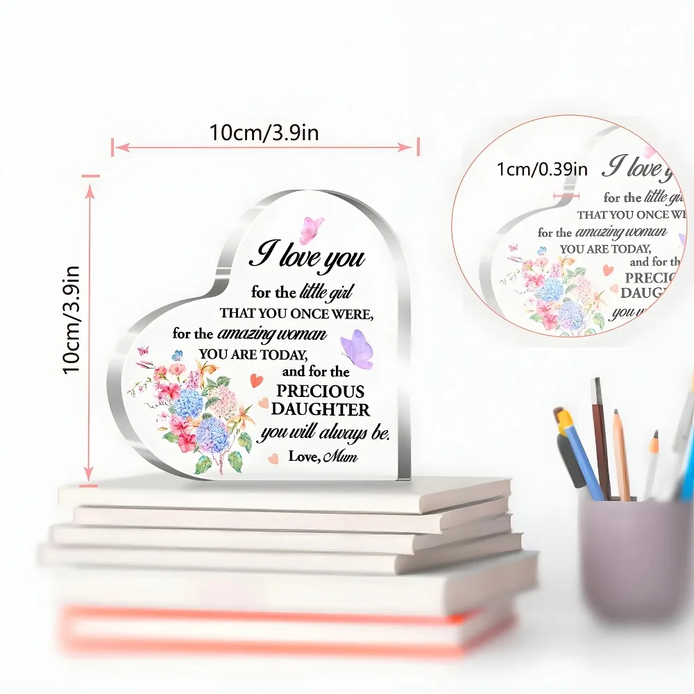 Mum To Daughter Sentimental Acrylic Heart Ornament Keepsake Birthday Gift,Watercolor Hydrangea Flower Acrylic Heart Table Decor for Precious Daughter