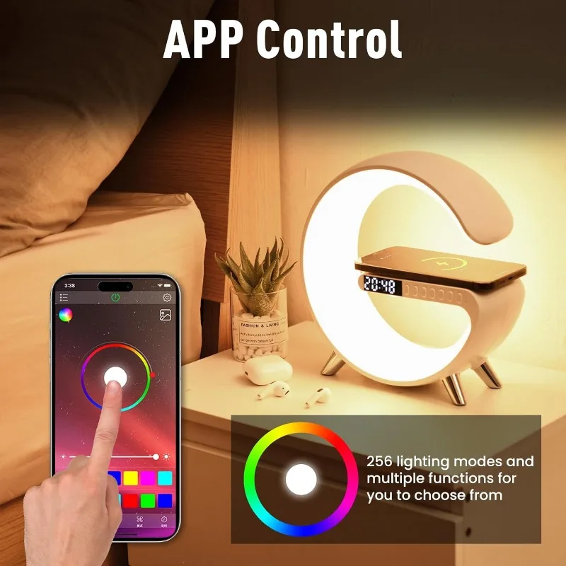 Lámpara LED en forma de G con Altavoz Bluetooth, cargador inalámbrico, lámpara de atmósfera, nuevo Control inteligente por aplicación, despertador para decoración de dormitorio