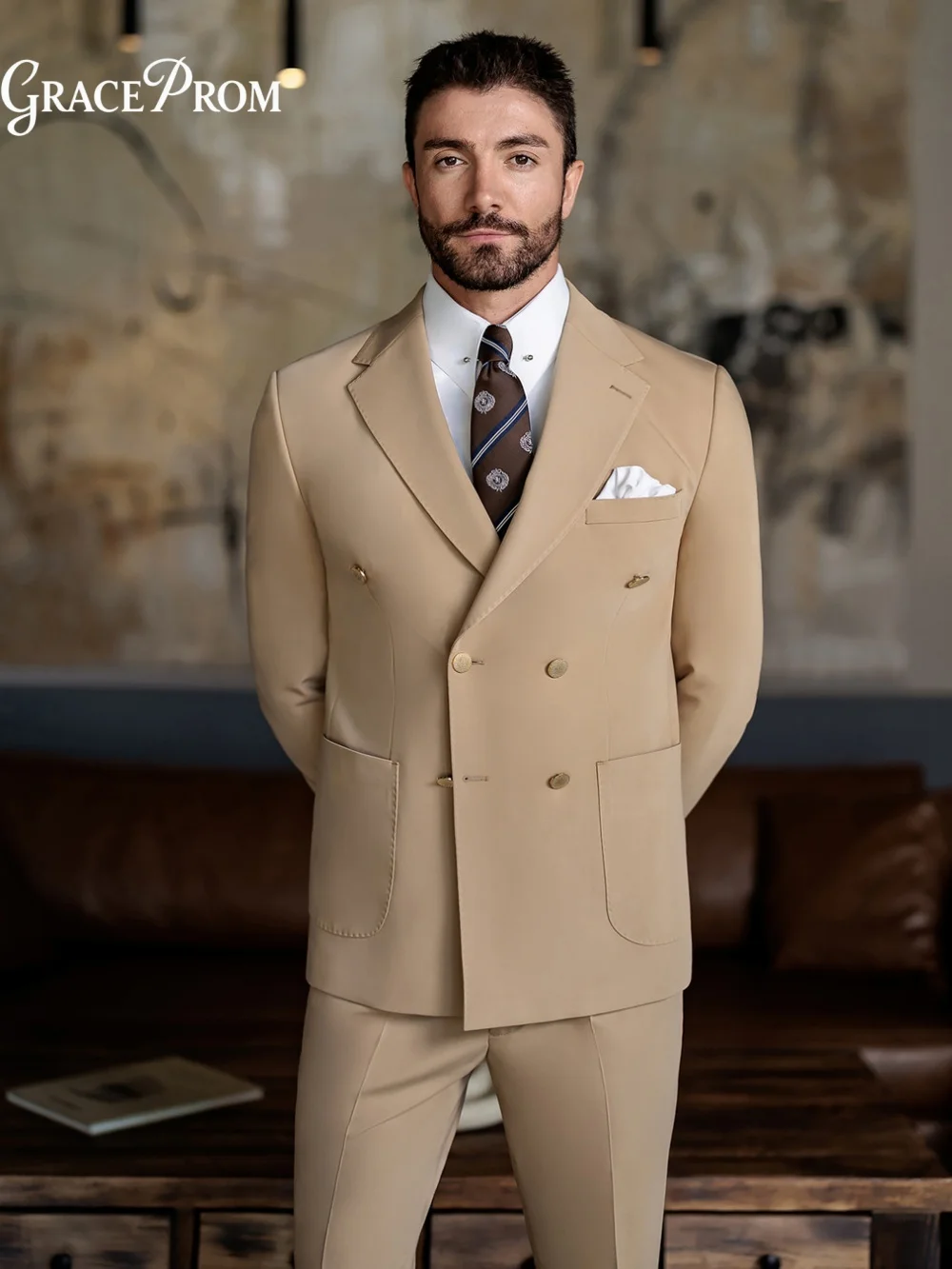 Classic Khaki Beige Double Breasted 2PCS Men Tuxedo Notched Lapel Groom Suit For Wedding Ceremony Prom Graduation Business Event