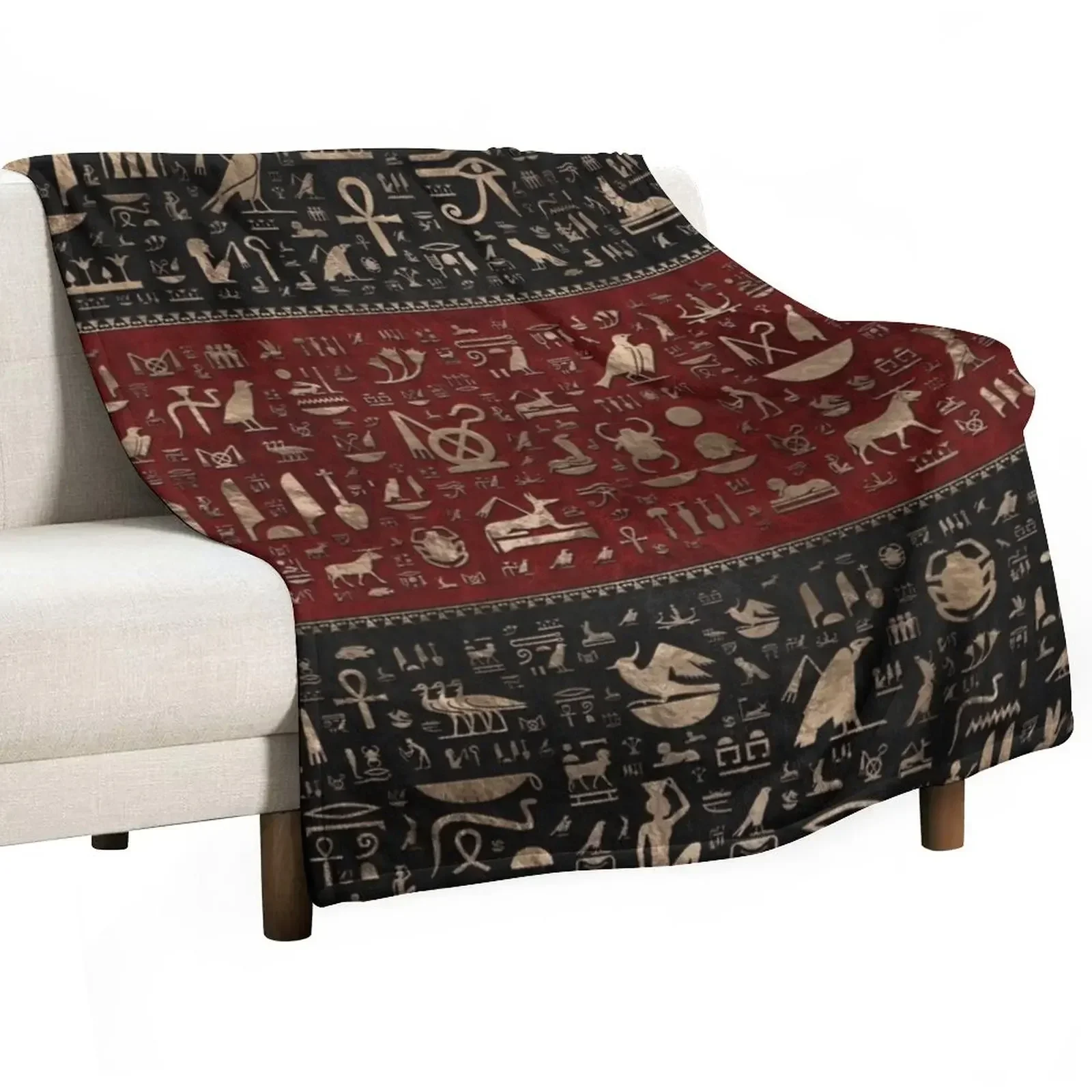 

Ancient Egyptian hieroglyphs - Black and Red Leather and gold Throw Blanket Luxury Thicken Picnic Tourist Blankets