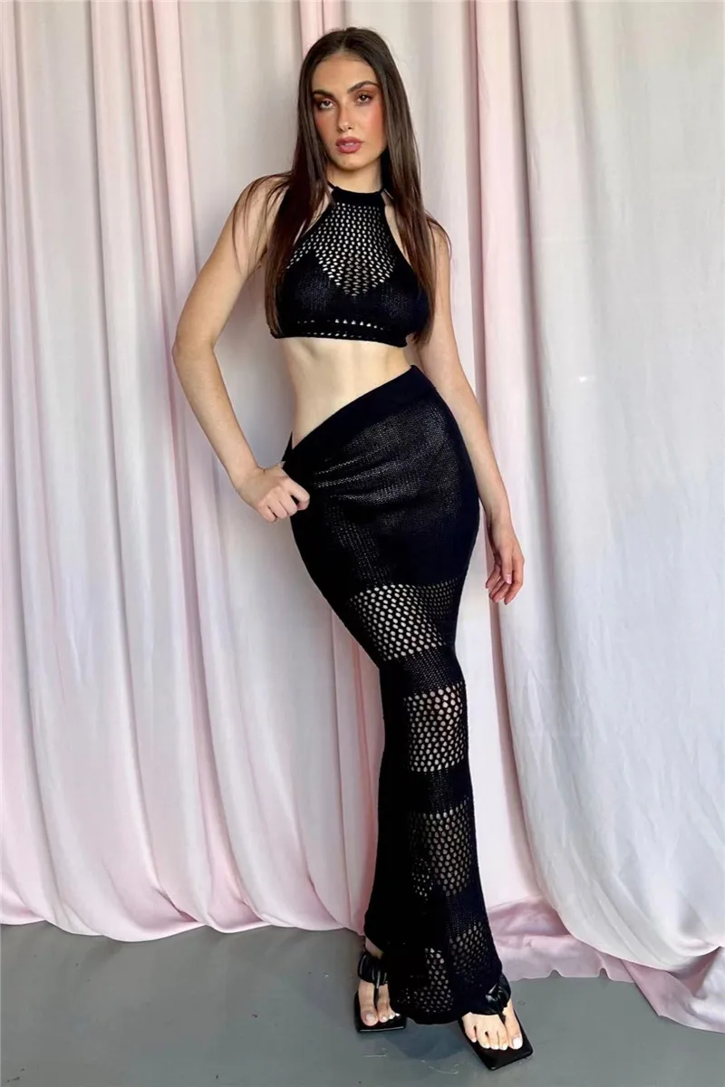 

2023 Sexy Women See-through Crochet Bikini Cover Up Crop Top High Waist Long Skirts Beachwear Swimwear Swimsuit Knitting Dress