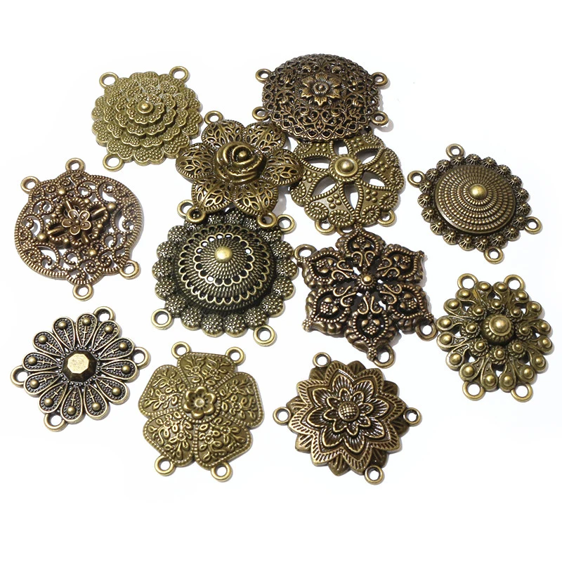 10pcs Bronze Color Bohemian Vintage Flower Connector Charms Pendant DIY Jewelry Making Accessories Findings Necklace Bracelet