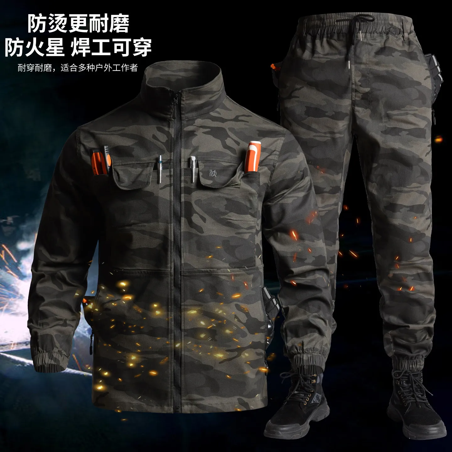 Overalls Suit Men's Spring and Autumn Pure Cotton Elastic Anti-Scald Crotch Labor Clothing Outdoor Camouflage Workwear