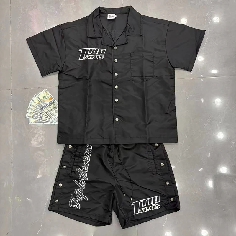 

TRIPLE SEVENS 2026 Summer Letter Embroidery Print Vintage High Street Rivet Men Women Shirt Shorts Set