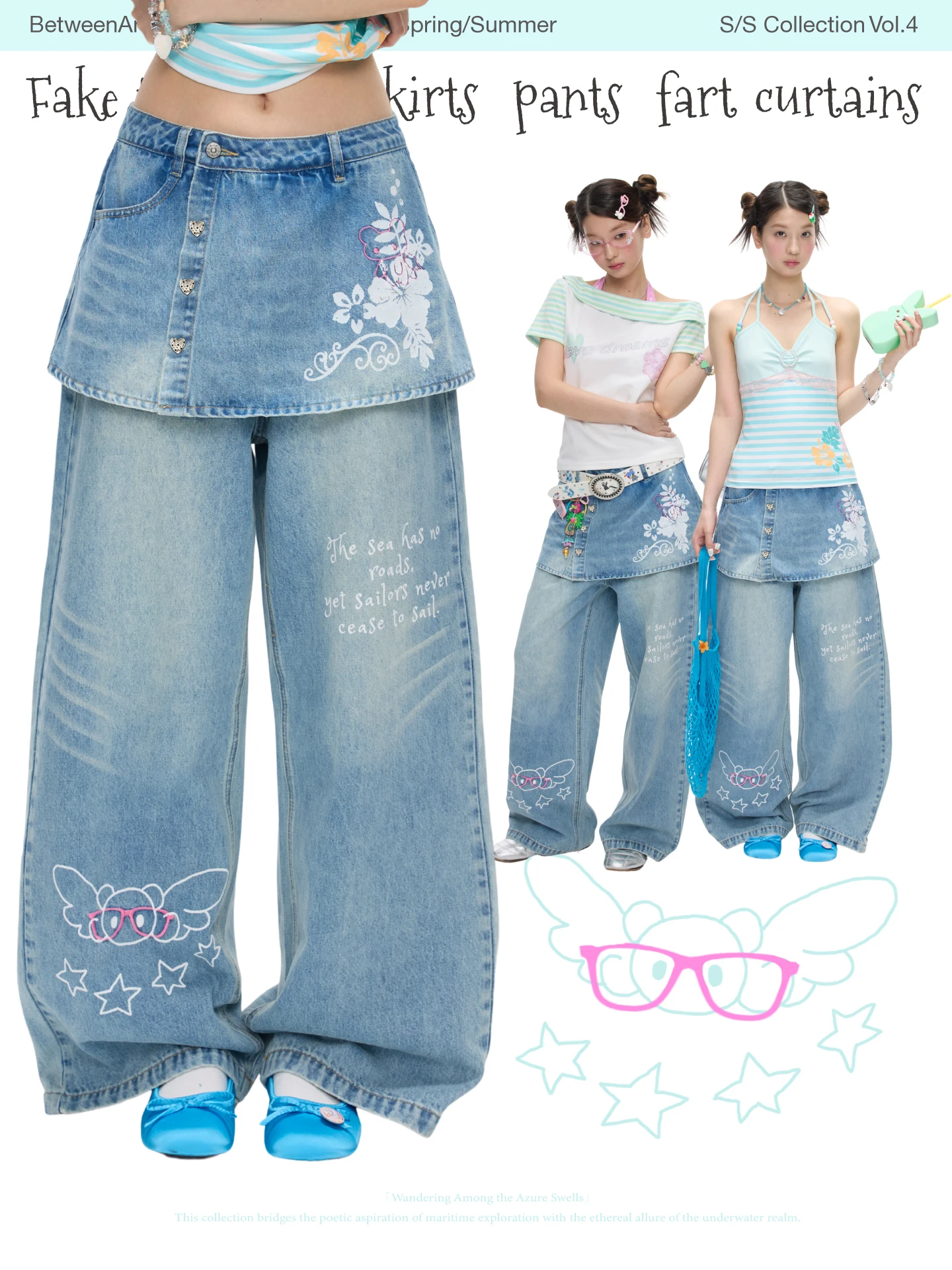 Slimming Washed Blue Denim Skirt Pants Summer Season Ladies Comfortable Natural Waist Loose Fit Printed Pattern Betweenand