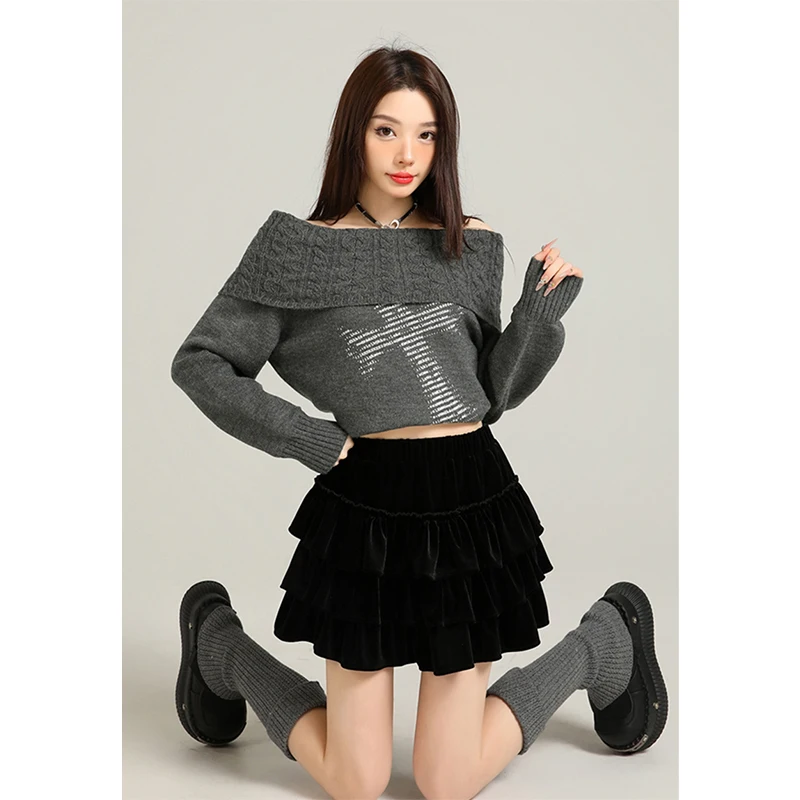 Minigonna vintage in velluto nero donna Y2K volant patchwork abito da ballo gonne inverno Harajuku streetwear casual una linea gonne nuovo