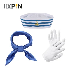 Women Captain Sailors Cosplay Costume Props Silk Fashion Square Scarf Professional Tie Headband with Military Cap and Gloves Set