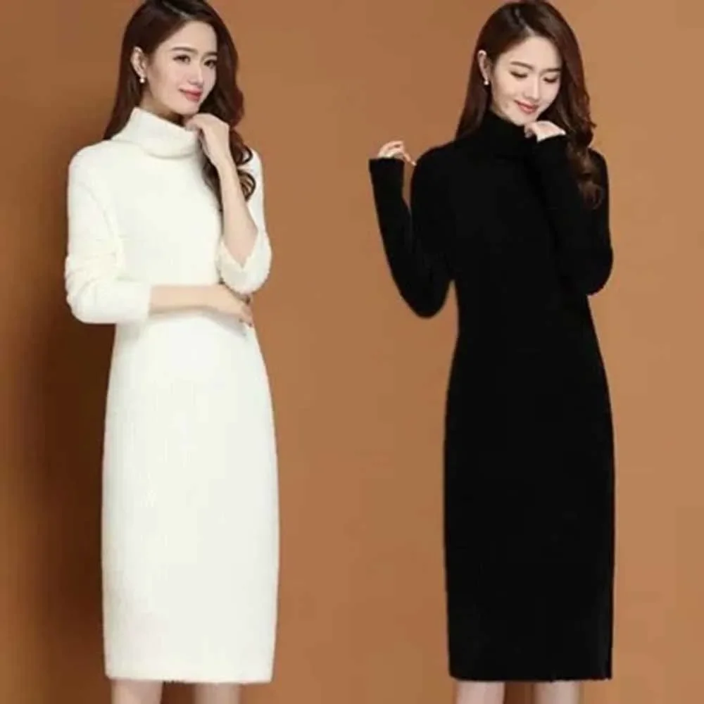 

Imitation Mink Cashmere Long Sweaters Dress Women Winter Slim Elasticity Female Turtleneck Slim Warm Knitted Pullover Dresses