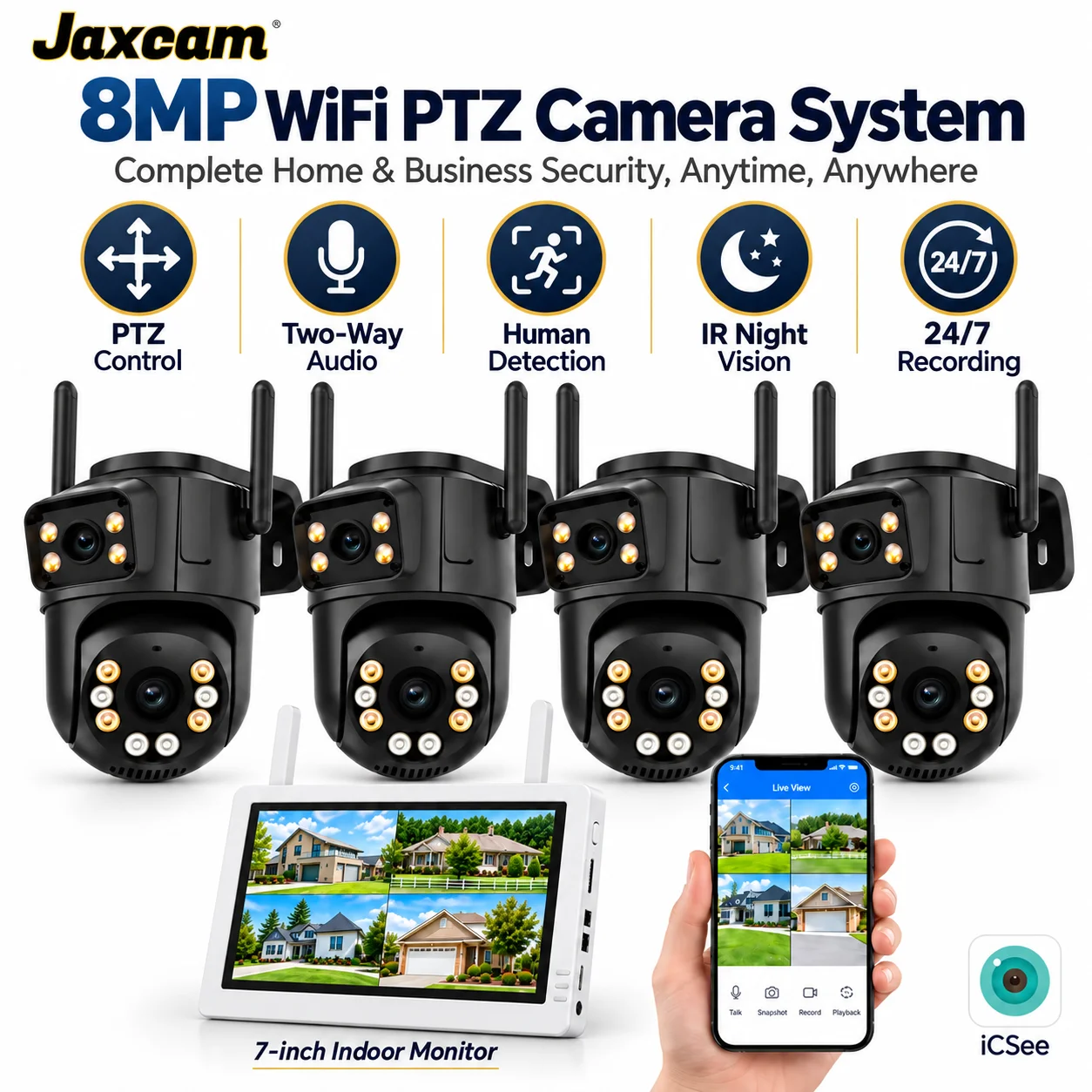 8MP Dual Lens WIFI IP Camera 8CH NVR 7-inch LCD Screen Video Recorder  Home Security Camera System Surveillance ICsee APP