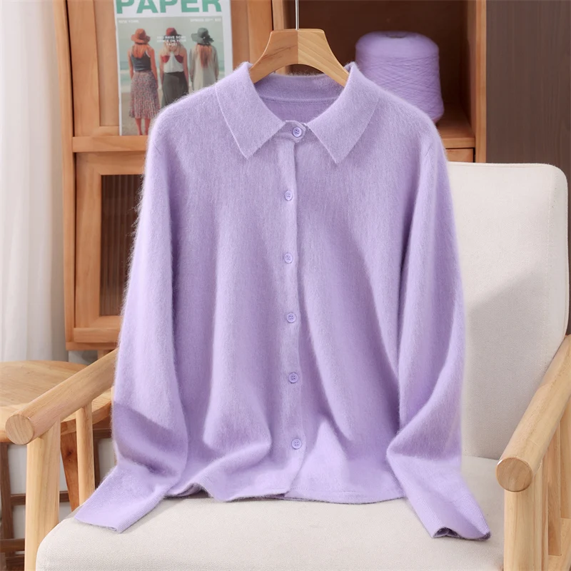 ผู้หญิง Mink CASHMERE เสื้อกันหนาว Turn-Down COLLAR ปุ่มเสื้อสเวตเตอร์ถักฤดูใบไม้ร่วงฤดูหนาวนุ่มเสื้อผ้าที่อบอุ่น 100% Mink CASHMERE เสื้อถักเสื้อ