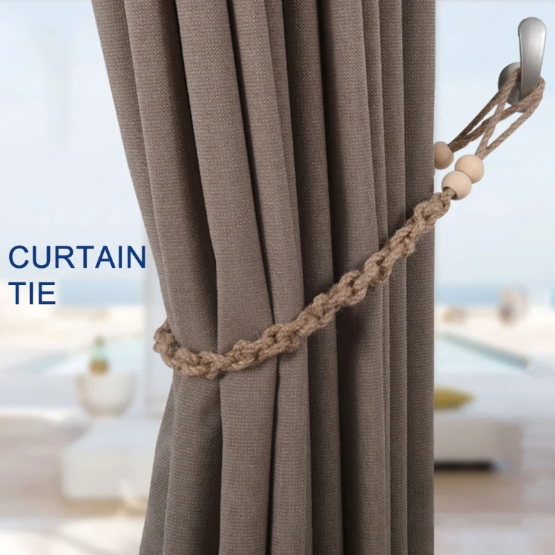 Natural Woven Rope Curtain Tiebacks with Beads 4 Pack Sophisticated Handmade Cord Drapery Holders for Home Decors