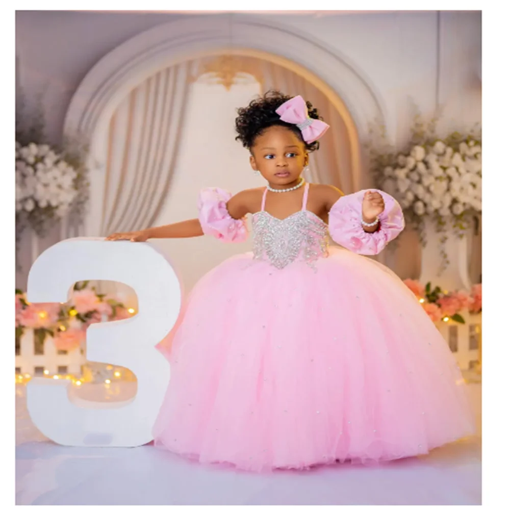 Flower Girl Dresses Blush Pink Spaghetti Neck Ball Gown First Communion Dress Birthday Photos Shoot Gowns for Party