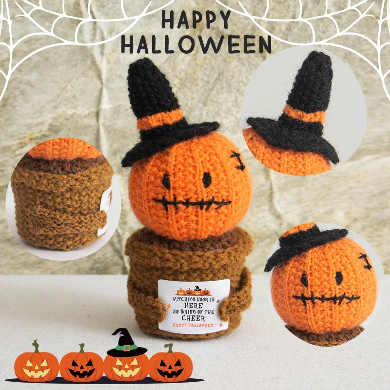Halloween new wool crocheted pumpkin doll cross-border funny positive card plant doll potted plant ornament