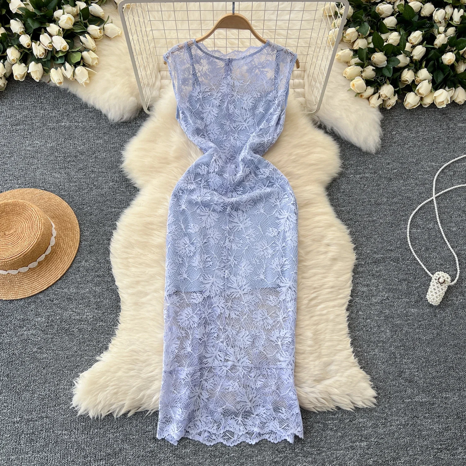 Vintage O-neck Chic Sleeveless Slim See Through Lace Split Dresses and Straps Dress French Evening High Street Women Clothing