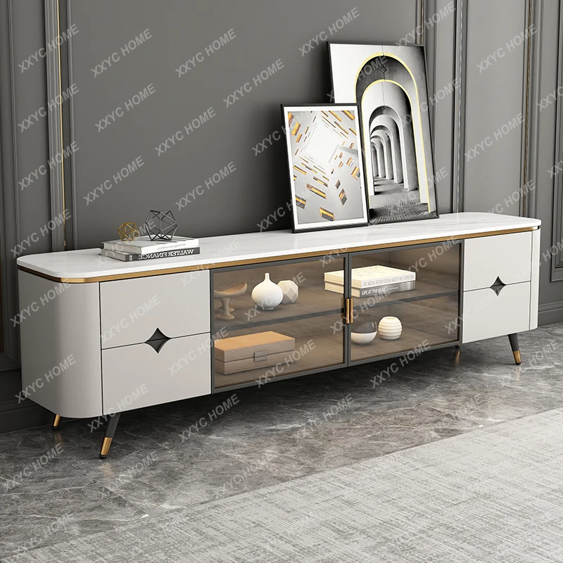 A Light luxury rock panel TV cabinet Modern simple small apartment living room tempered glass cabinet door