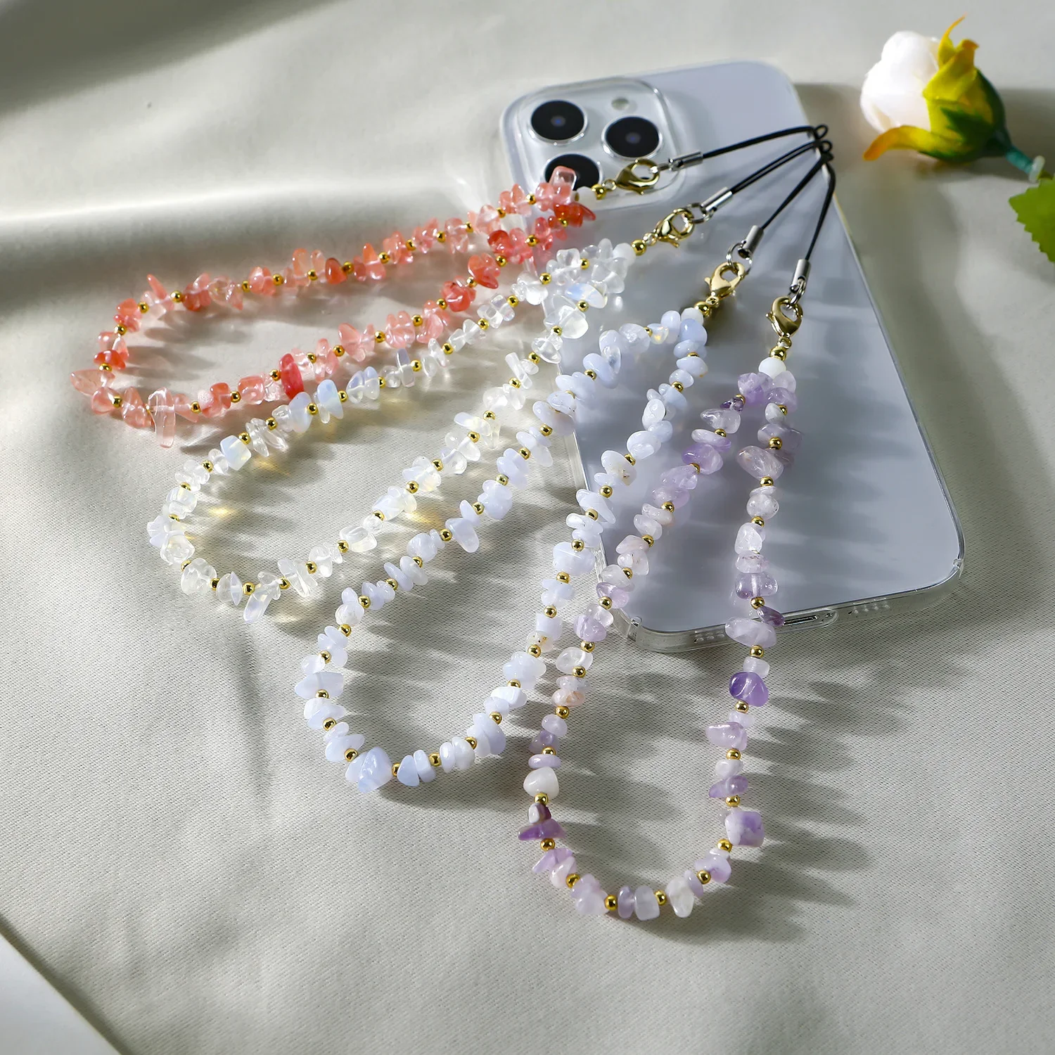 Natural Stone Beaded Mobile Phone Lanyard Natural Crystal Agate Dongling Stone Moonstone Mobile Phone Chain Key Chains