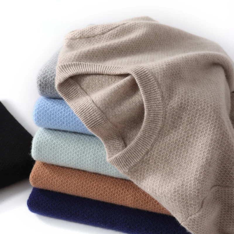 Men's Sweater Autumn/Winter New 100% Cashmere Round Neck Pullove Fashion Honeycomb Knitted Bottom Shirt Long Sleeve Warm Clothes