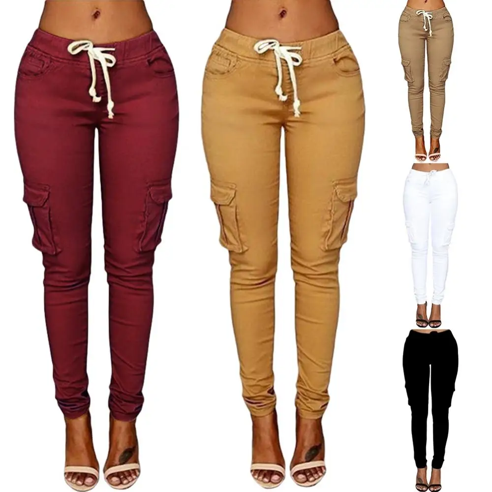 

Spring Lace Up Waist Casual Women Pants Solid Pencil Pants Multi-Pockets Straight Trousers
