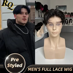 Pre Styled Full Lace Human Hair Wig For Men Toupee Hair System Male Wig Styled Cut Hair Transparent Lace Wig Replacement Wigs