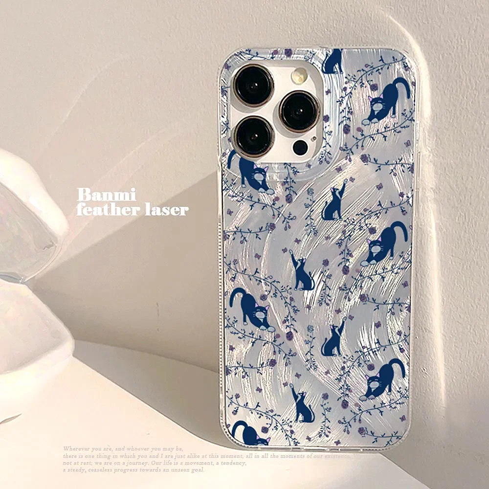 

Grass Flower Blue Cat Graphic Phone Case for IPhone 11 13 15 16 12 14Pro Max 8 7X XR Xs SE2 SE Plus Silver Plated Back Cover