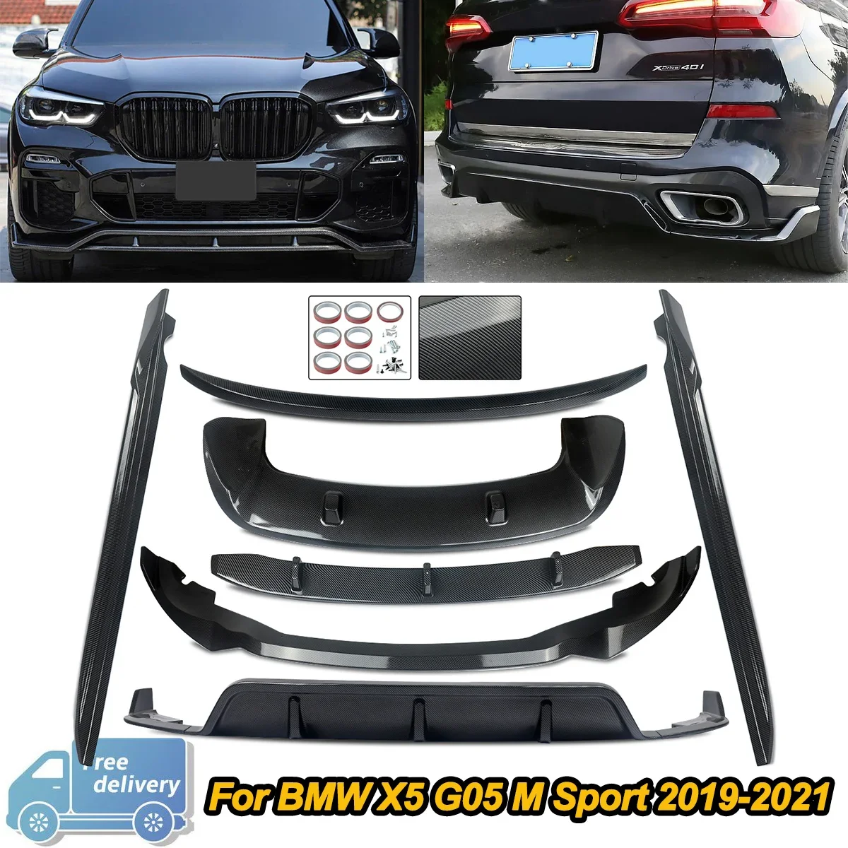 Carbon Look Splitter Diffuser Spoiler Side Skirts For 2018-22 BMW G05 X5 M-SPORT