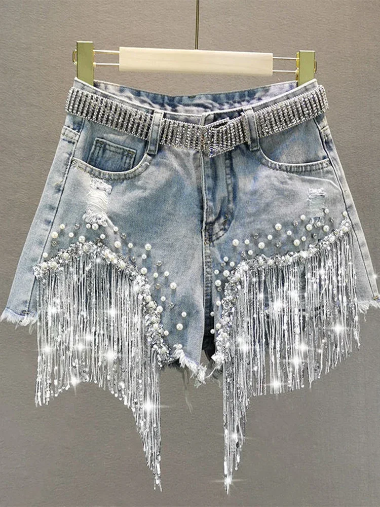 Elegant Shorts for Women Summer Tassel Beading High Waist Wide Leg Denim Shorts Female Casual Solid Shorts Jeans for Female 2024