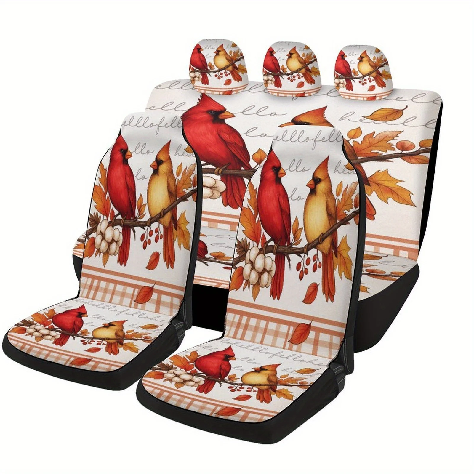 Set Of Car Seat Covers With An Autumn Theme Featuring Cardinals, Designed To Fit Most Vehicles. This Stylish And High-Quality Fu