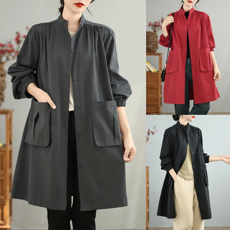 

Retro Workwear Sle Women's Coat Casual Loose Slimming Outerwear Long Lantern Sve Button Detail Mid-Length Single-Breasted
