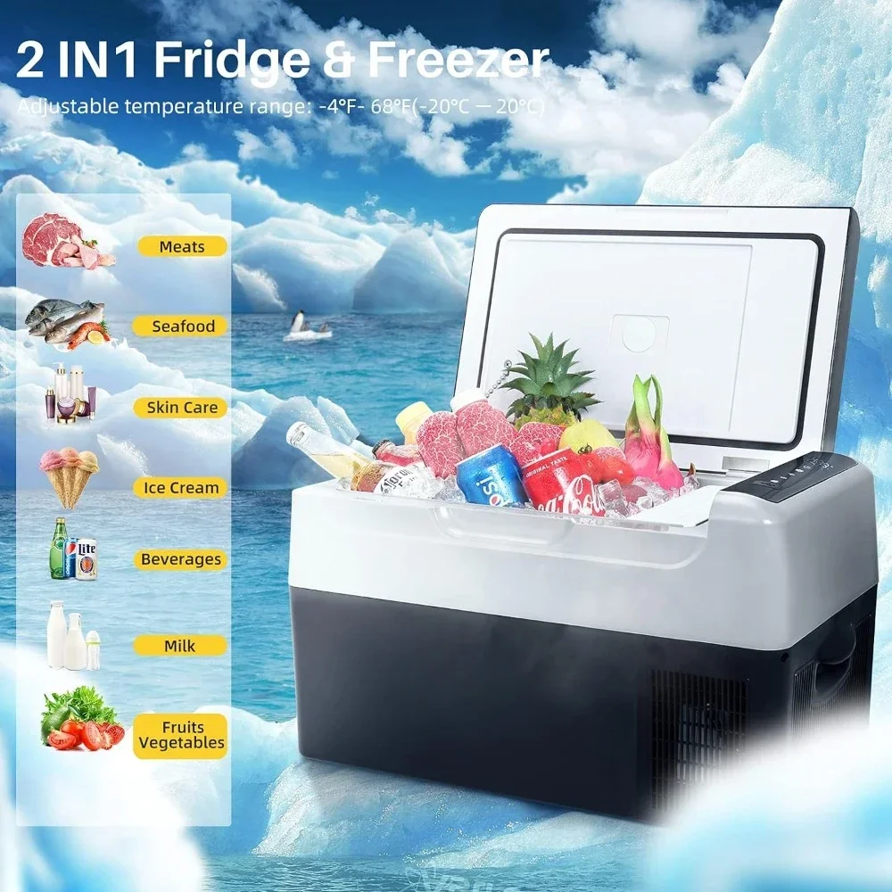 12V Portable Freezer Camping Fridge Cooler (-4℉~68℉) with 12/24V DC & 110V AC for Camping, Travel, Fishing Outdoor(22L)